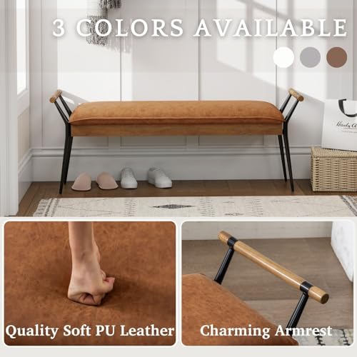Modern PU Ottoman Bench with Arms & Metal Legs