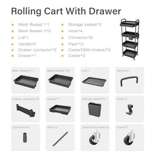 4 Tier Rolling Utility Cart with Drawer