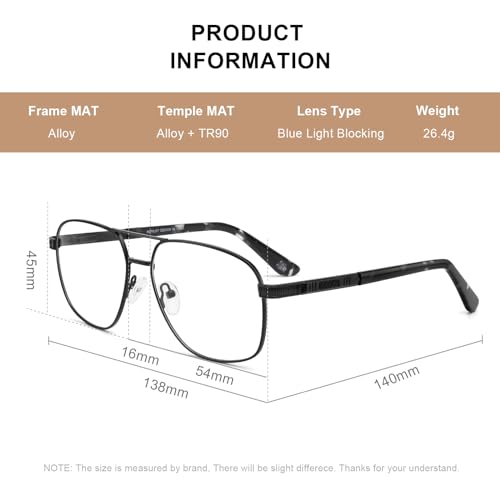 Reading Glasses for Men Square Double Bridge Light Blocking Computer Readers Spring Hinge Metal Frame Acetate Legs
