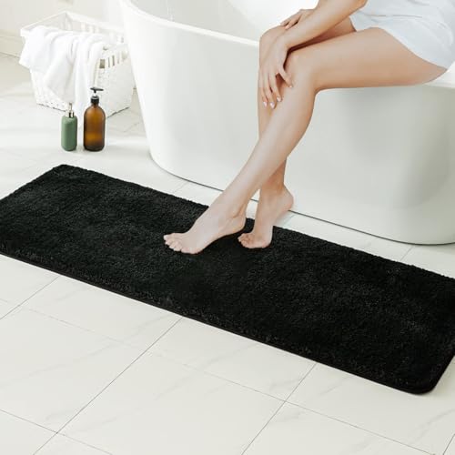Black Bathroom Runner Rugs Soft Microfiber Bath Mat 16x48 Inch (5.3312 Sq Ft)