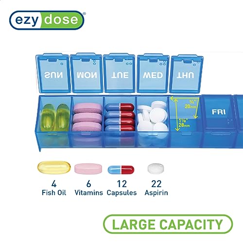 Weekly (7-Day) Pill Organizer, Large Medicine Planner, Blue