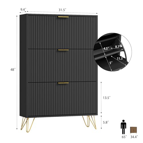 48" H Fluted Shoe Storage Cabinet with 3 Flip Drawers for Entryway