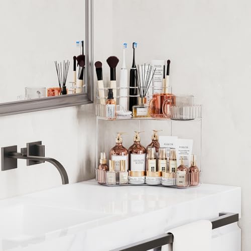 2 Tier Corner Bathroom Counter Organizer with Top Toothbrush Holders
