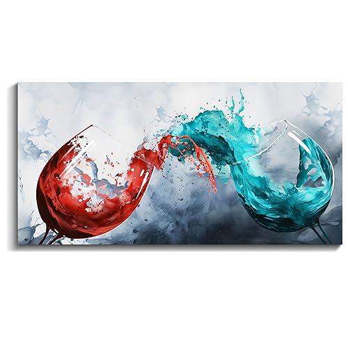 Dining Room Wall Art Wine Glass Canvas Wall Pictures Kitchen Art Wall Decor Blue & Red Wine Cups Painting Modern Wall Art for Living Room Office Artwork Wall Decor 24x48IN