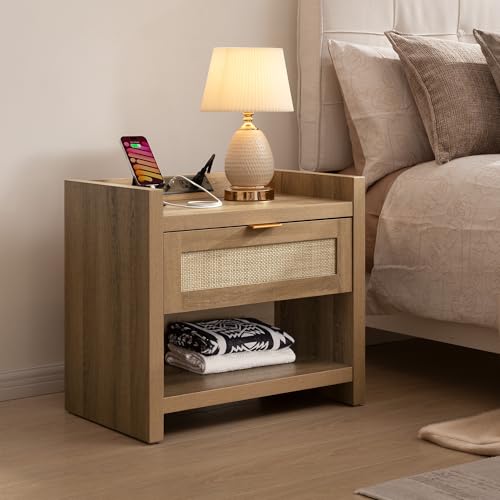 Rattan Night Stand Bedside Table with Large Drawer & Open Shelf