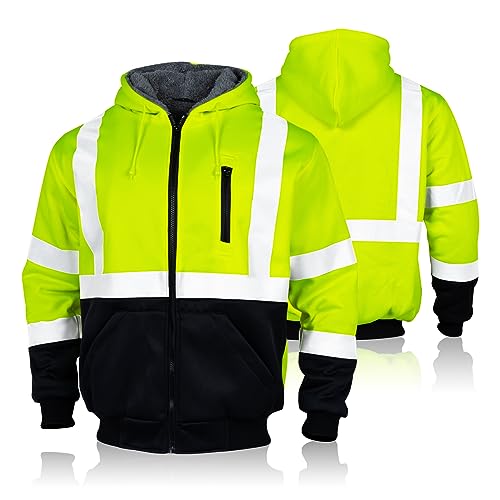 Men's High Visibility Safety ANSI Class 3 Lined Fleece Hoodie Sweatshirt with Black Bottom Jumper Workwear for Men