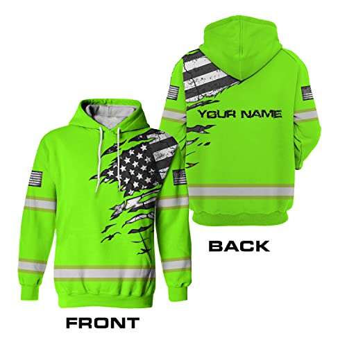 Safety Hoodie Scratch Green US Flag Customize Name High Visibility Hoodie for Men Reflective Workwear for Runners