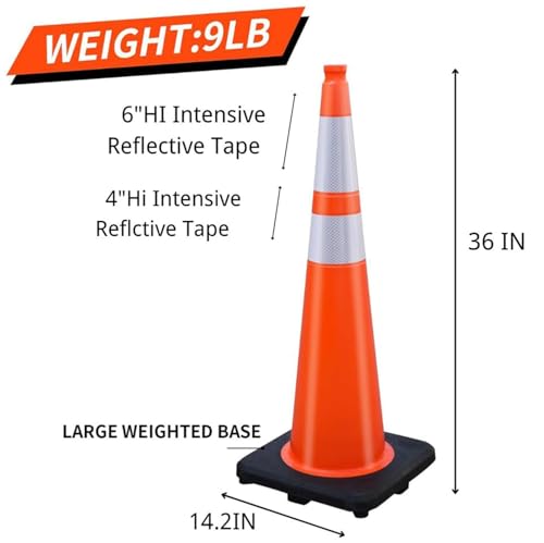 8 Pack 36 Inch Large Traffic Cones with Wide Weighted Base