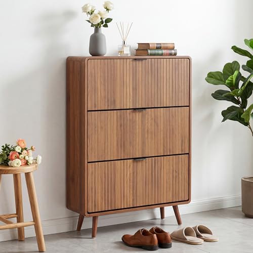 Fluted Shoe Storage Cabinet with 3 Flip Drawers