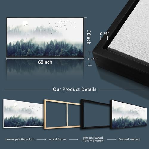 Framed Wall Decor Living Room Large Size Canvas Wall Art For Bedroom Foggy Forest Trees Landscape Painting Office Wall Decorations Boho Home Decor Canvas Pictures Artwork Black Wood Framed 30" X 60"
