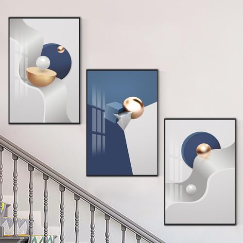 Large Frame Canvas Wall Art Glossy Blue Geometry Modern Living Room (3 Count)