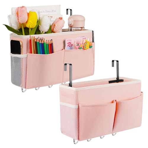 Bedside Caddy Organizer 5 Pockets 4 Hooks Bunk Bed 2Pack Pink (2 Count)