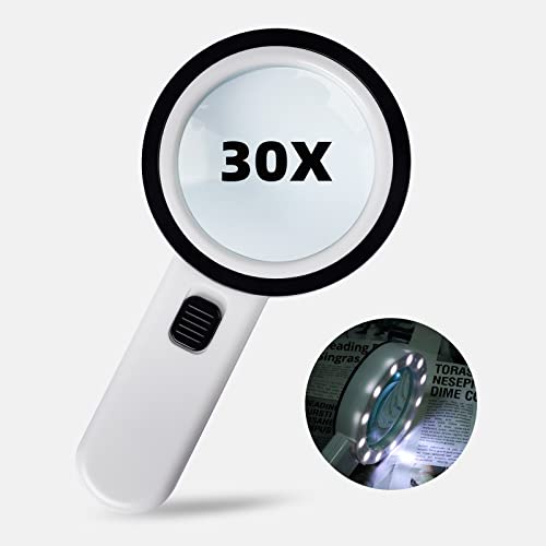 30X Handheld Magnifying Glass with Light for Seniors