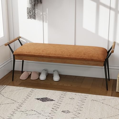 Modern PU Ottoman Bench with Arms & Metal Legs