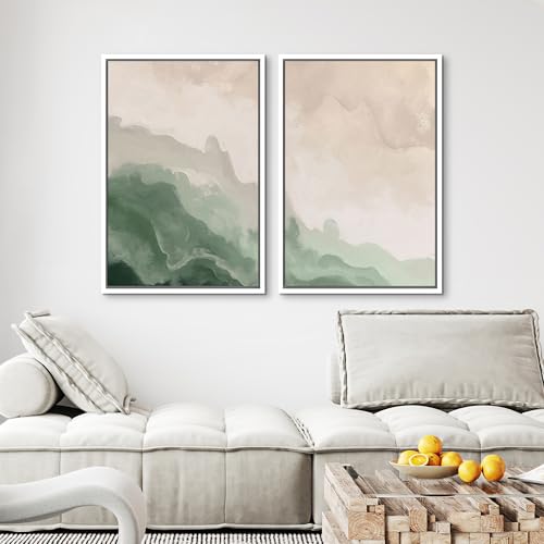 Framed Canvas Print Wall Art Soft Green and Beige Abstract Calming Watercolor Landscape Illustrations Modern Art Decorative Bohemian Chic for Living Room