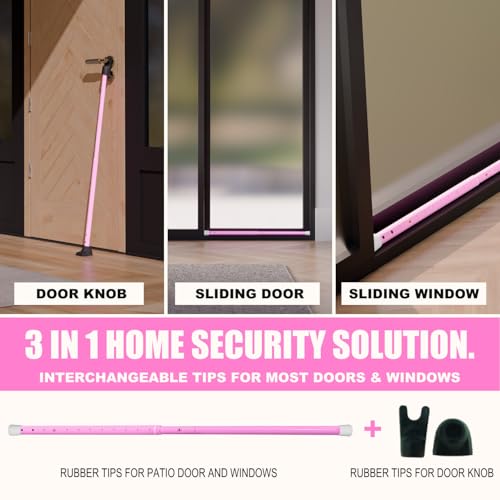 3-in-1 Door Security Bar, Security Door Stoppers & Door Barricade – Heavy Duty Adjustable Iron Security Lock Bar for Home Defense, Apartment & Travel Safety (1 Pack - Pink)
