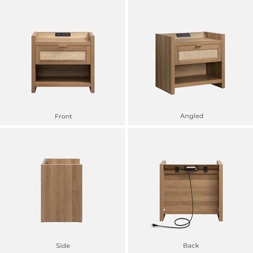 Rattan Night Stand Bedside Table with Large Drawer & Open Shelf