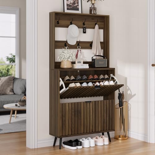 Shoe Cabinet with 2 Flip Drawers & Coat Rack Hooks