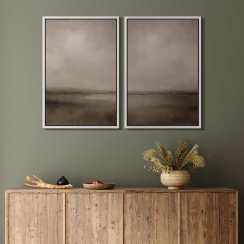Framed Canvas Print Wall Art Abstract Brown and Taupe Modern Minimalist Misty Landscape Illustrations Modern Art Decorative Bohemian for Living Room