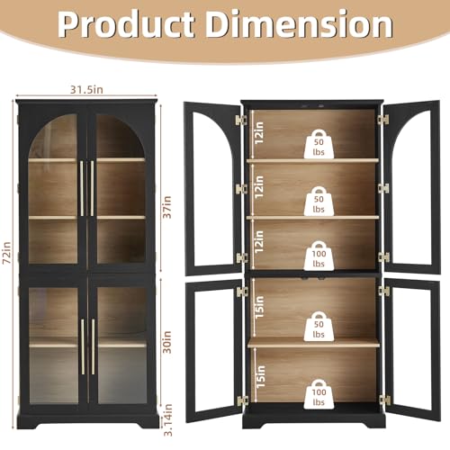 72" Tall Bookshelf with 4 Curved Glass Doors