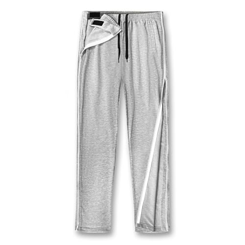 Unisex Tearaway Pants with 2 Side Zippers Snaps for Post Surgery Men Breakaway Pant Full Open Down Cotton Rip Off Sweatpants for Hip Replacement Light Grey XL