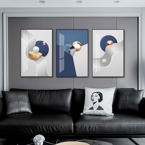 Large Frame Canvas Wall Art Glossy Blue Geometry Modern Living Room (3 Count)