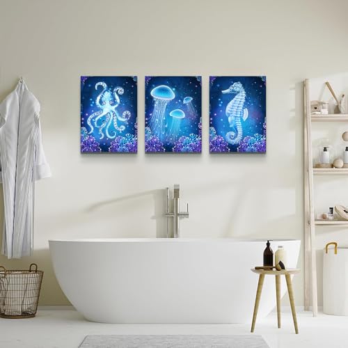 Wall Art Paintings For Bedroom Living Room Wall Decor Blue Ocean Life Theme Art Prints Wall Artworks Sea Animal Sea Horse Octopus Jellyfish Pictures Bathroom Home Decor Posters 3 Panels (3 Count)