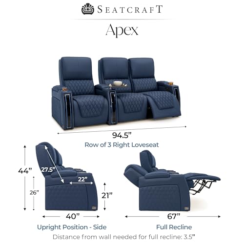 Apex Home Theater Seating Navy Blue Row of 3 Right Loveseat