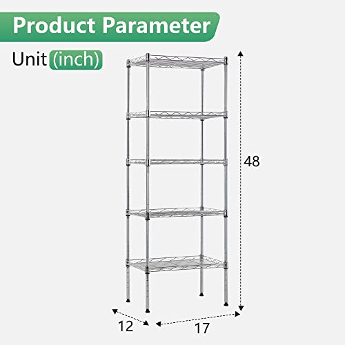 5 Tier Wire Shelving Adjustable Metal Shelves 17L x 12W x 48H NSF Pantry Shelves Storage Rack Shelving Units for Kitchen Garage Small Places Commercial