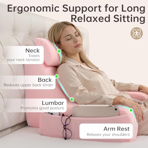 19" Reading Pillow for Bed with Firm Back Support & Big Pockets