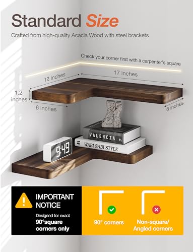 Acacia Wood Corner Floating Shelf 17” x 12” (2 Count)