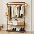 Wood Clothing Rack Solid Wood Clothes rack with Wheels 2 Shelves