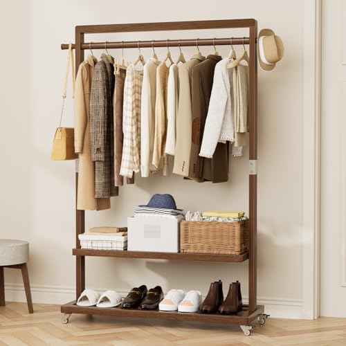 Wood Clothing Rack Solid Wood Clothes rack with Wheels 2 Shelves