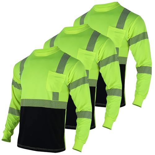 3pcs Safety T Shirts Reflective High Visibility Hi Vis Long Sleeve Construction Work Shirts for Men Class 3 (3 Count)