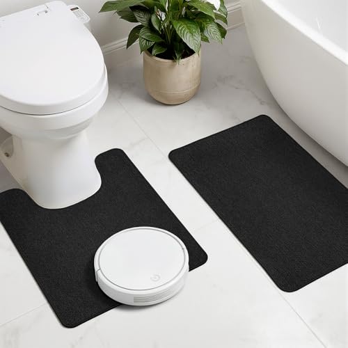 Set of 2 U Shaped Toilet Bathroom Rug and Mat Black 17"x27"+20"x24"