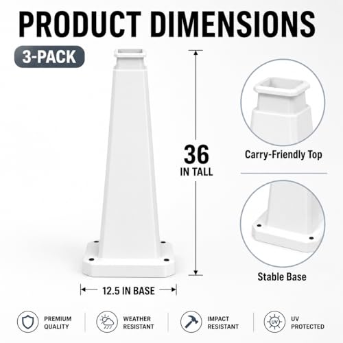 3 Pack 36" Bright White Traffic Safety Cones with Weighted Base