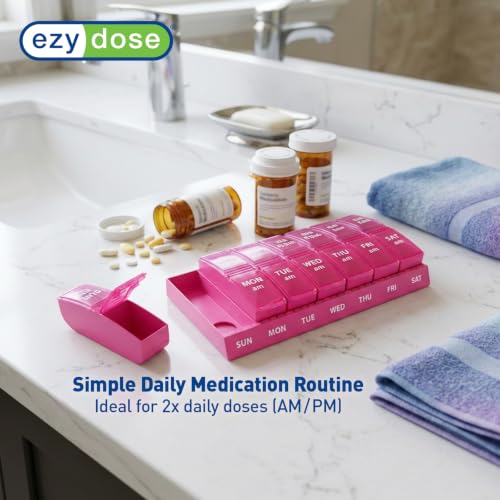 Weekly (7-Day) AM/PM Pill Organizer, Small Medicine Planner, Pink