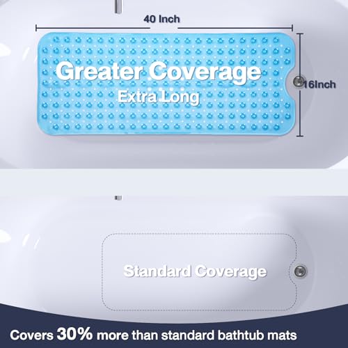 Extra Long Bathtub Mat Non Slip Bath Mat Clear Blue 40"x16" Full