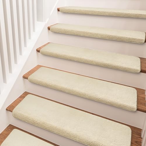 Bullnose Carpet Stair Treads Ultra Plush Beige 14 Pcs (27.7 Sq Ft)