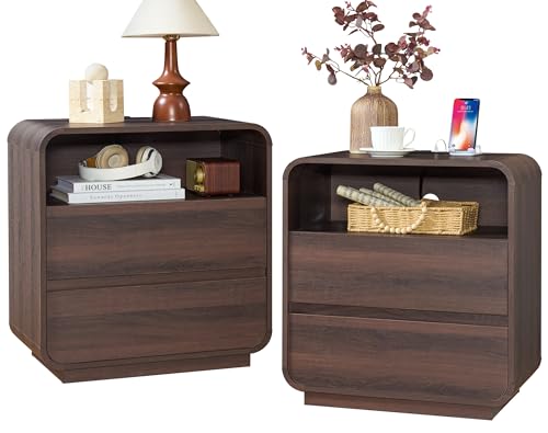 Walnut Curved Nightstand Set of 2 with Charging Station
