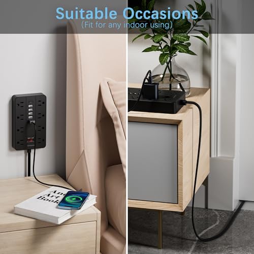 Power Strip 15Ft Flat Plug Extension Cord with Multiple Outlets