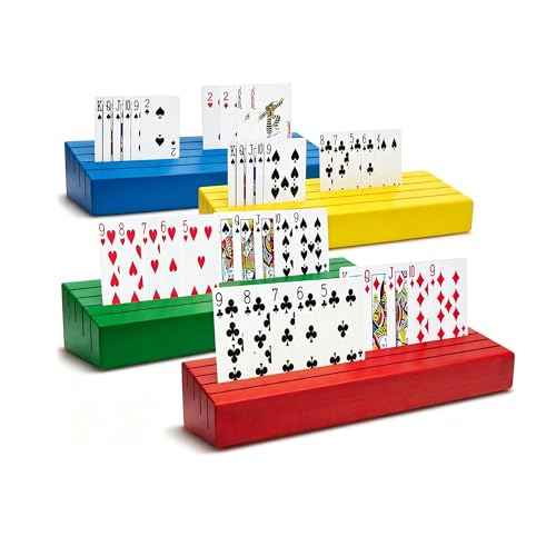 Card Holders for Playing Cards Deck Stand Wood Playing Card Holder for Kids Canasta Holder for Adults Seniors Card Deck Crowns Uno Games Set of 4 Colors (2 Count)