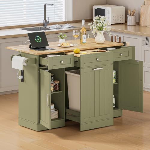 Kitchen Islands with Movable Wood Cutting Board & Trash Can