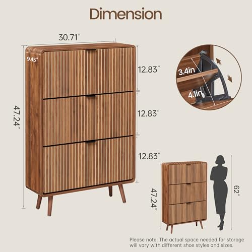 Fluted Shoe Storage Cabinet with 3 Flip Drawers