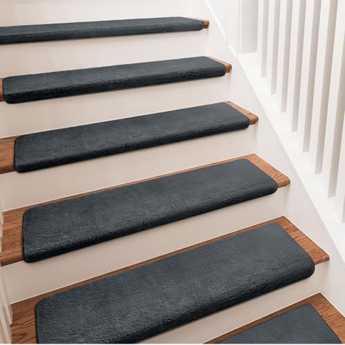 Bullnose Carpet Stair Treads Ultra Plush Dark Gray 7 Pcs (16.6 Sq Ft)