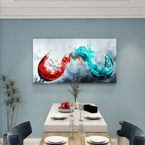 Dining Room Wall Art Wine Glass Canvas Wall Pictures Kitchen Art Wall Decor Blue & Red Wine Cups Painting Modern Wall Art for Living Room Office Artwork Wall Decor 24x48IN