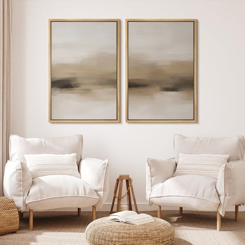 Framed Canvas Print Wall Art Abstract Neutral Beige Contemporary Minimalist Landscape Illustrations Modern Art Decorative Bohemian for Living Room