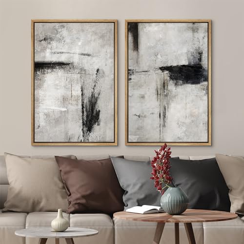 Framed Canvas Print Wall Art Grey Black Abstract Shape Illustrations Modern Art Decorative Bohemian Colorful Chic for Living Room (2 Count)