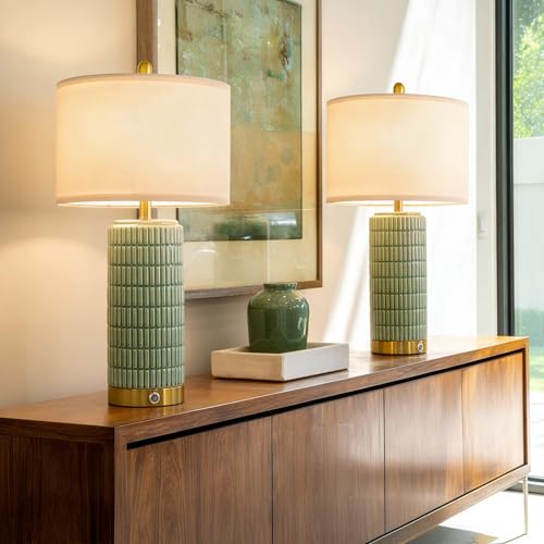 25'' Bedside Table Lamps Set of 2 for Living Room with USB A&C Ports
