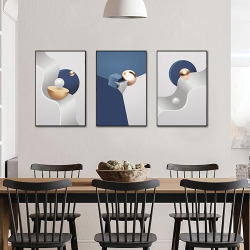 Large Frame Canvas Wall Art Glossy Blue Geometry Modern Living Room (3 Count)